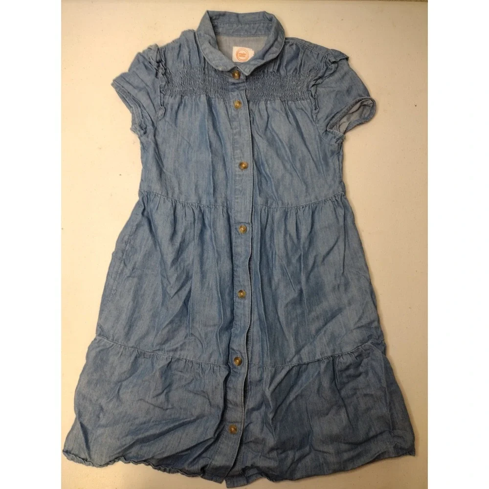 Wonder Nation Girls Blue Denim Smocked Tiered Shirt Dress Size S 6-6X